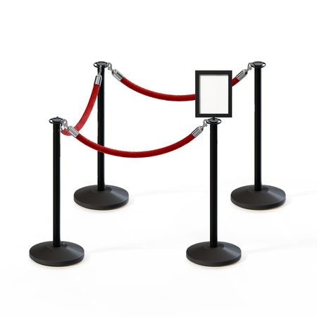 MONTOUR LINE Stanchion Post and Rope Kit Black, 4FlatTop 3RedRope 8.5x11V Sign C-Kit-3-BK-FL-1-Tapped-1-8511-V-3-ER-RD-PS